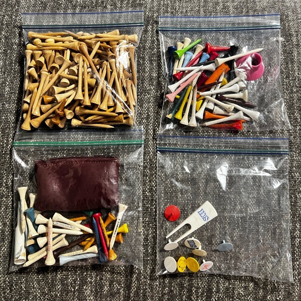 4 Bags Of Golf Accessories Vintage Tees Ball Markers And A Golf Divot Tool